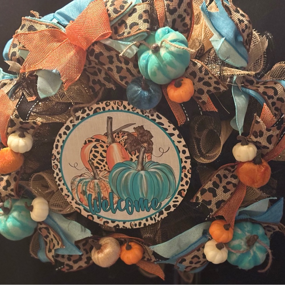 Leopard Print Fall Wreath with Turquoise and Orange Accents